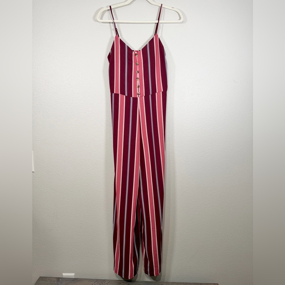 Pink Rose Jumpsuit Pants Tank Top Adjustable Burgundy Pink White Striped Women L